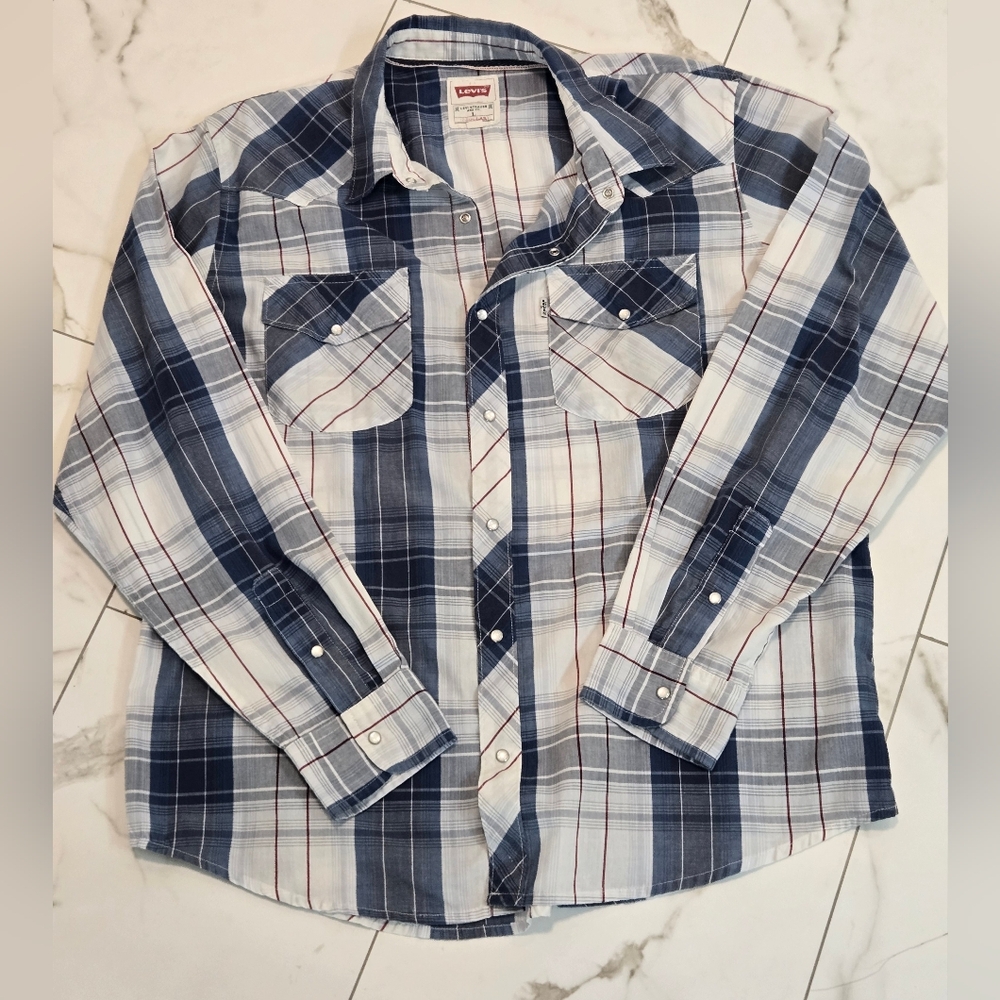 Levi’s Blue Plaid Shirt Red Accent Stripe Pearl Snap Button Up Size L